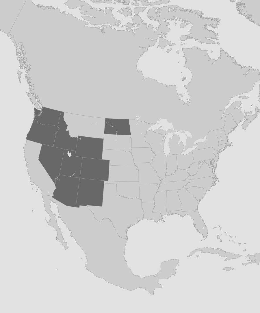 Map of North America with the ten states GeoStrata has completed projects in shaded: Oregon, Washington, Idaho, Nevada, Utah, Colorado, Wyoming, Arizona, New Mexico and North Dakota